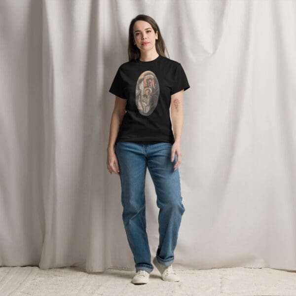 Woman in black t-shirt with religious art.