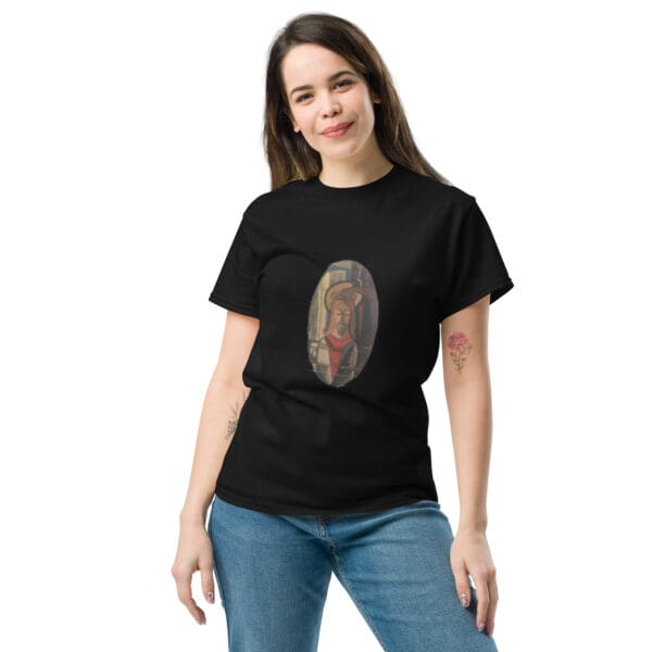 Woman wearing black t-shirt with Jesus image.