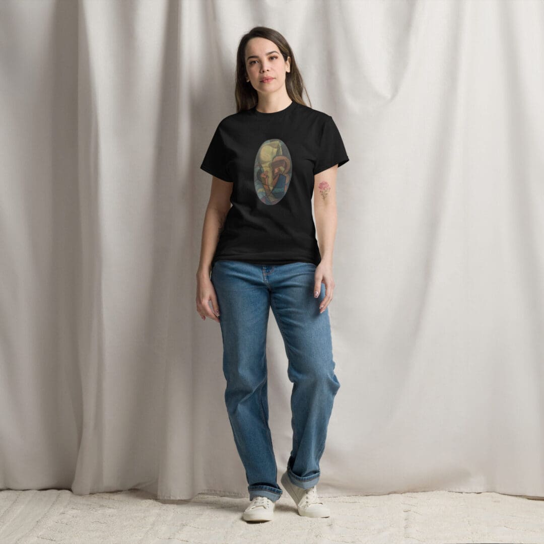 Woman in black t-shirt with art.