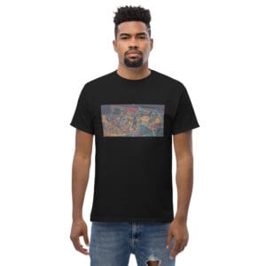 Abstract horse painting on black shirt.