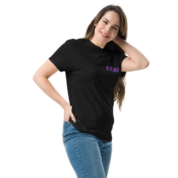 Woman in black F.Y.M.P. shirt.