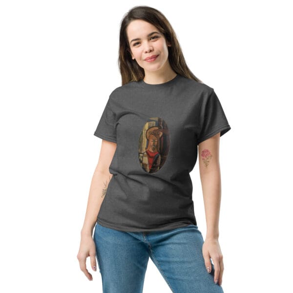 Woman wearing a Jesus t-shirt.