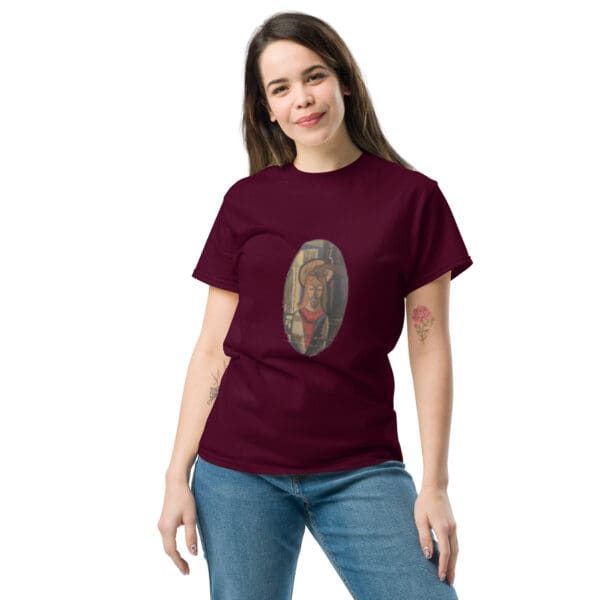 Woman in maroon t-shirt, Jesus portrait.