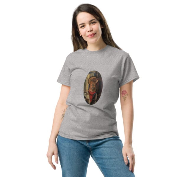 Here's an alt tag for the image: Woman wearing a t-shirt with a painting of Jesus.