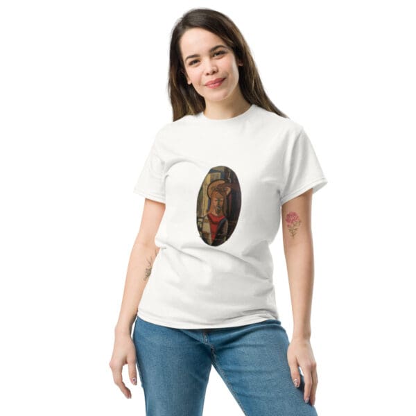 Woman wearing a t-shirt with a painting of Jesus.