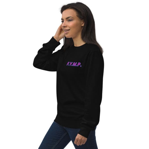 Woman in black sweatshirt, FYMP logo.