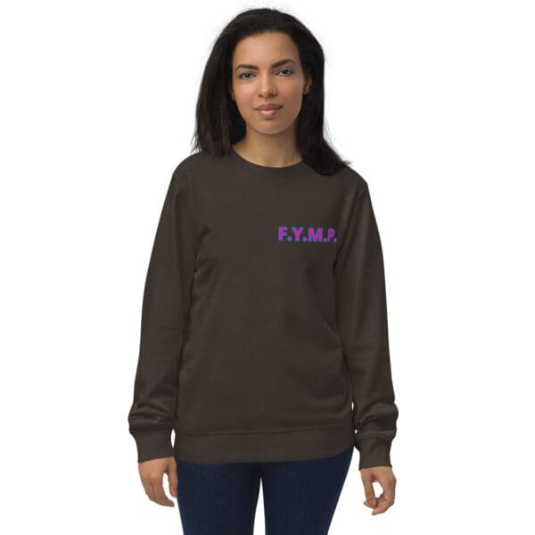 Woman in brown sweatshirt; F.Y.M.P. logo.