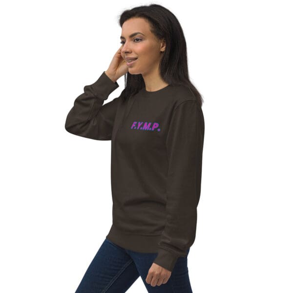 Woman in brown sweatshirt, F.Y.M.P. logo.