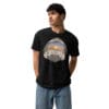 Man in black tee, Golden Light logo.