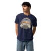 Man in navy t-shirt, California sunset design.