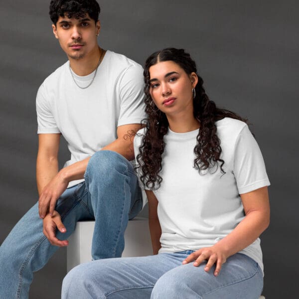 Young couple in white t-shirts.