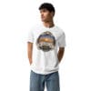Man in white t-shirt, Golden Light logo.
