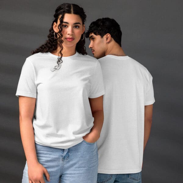 Here's an alt tag for the image: White t-shirts, couple, fashion model.