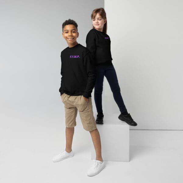 Kids modeling black F.Y.M.P. sweatshirts.