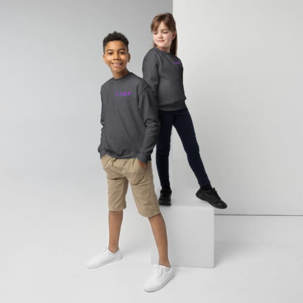 Kids modeling gray logo sweatshirts.