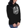 Woman wearing black hoodie with logo.