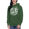 Woman wearing green hoodie with funny text.