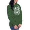 Woman wearing anti-social Moms Club hoodie.