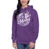 Woman wearing purple hoodie with unique design.
