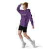 Person wearing purple hoodie and shorts.