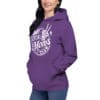 Woman wearing purple "Anti Social Moms Club" hoodie.