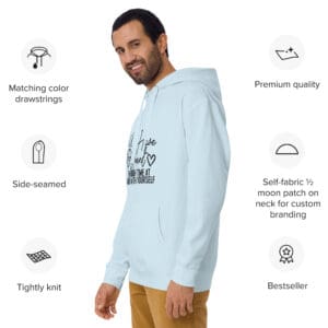 Man wearing light blue printed hoodie.