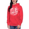 Red hoodie with "Anti Social Moms Club" print.