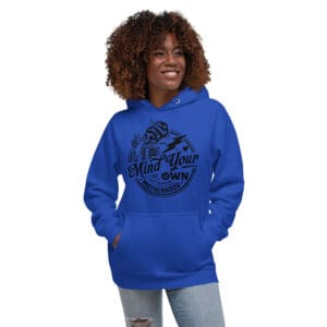 Woman in blue hoodie with graphic design.