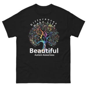 Black shirt with colorful tree, autism awareness.