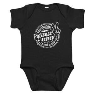 Black baby onesie with humorous text design.