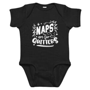 Black baby onesie with humorous text print.