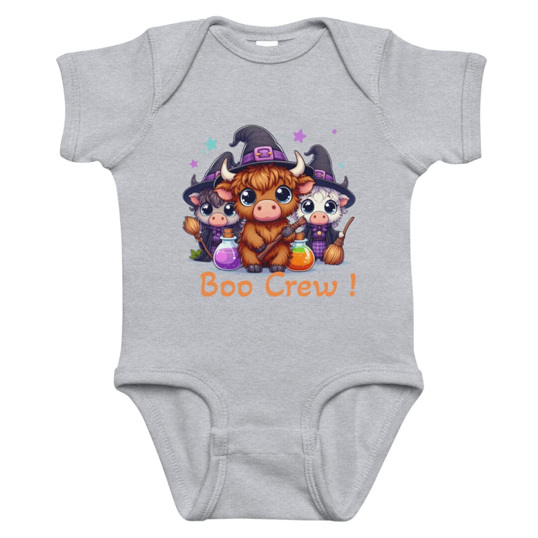 Cartoon animals wearing witch hats, "Boo Crew".
