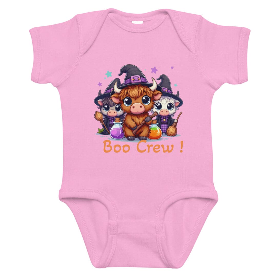 Pink onesie with cute animals in costumes.