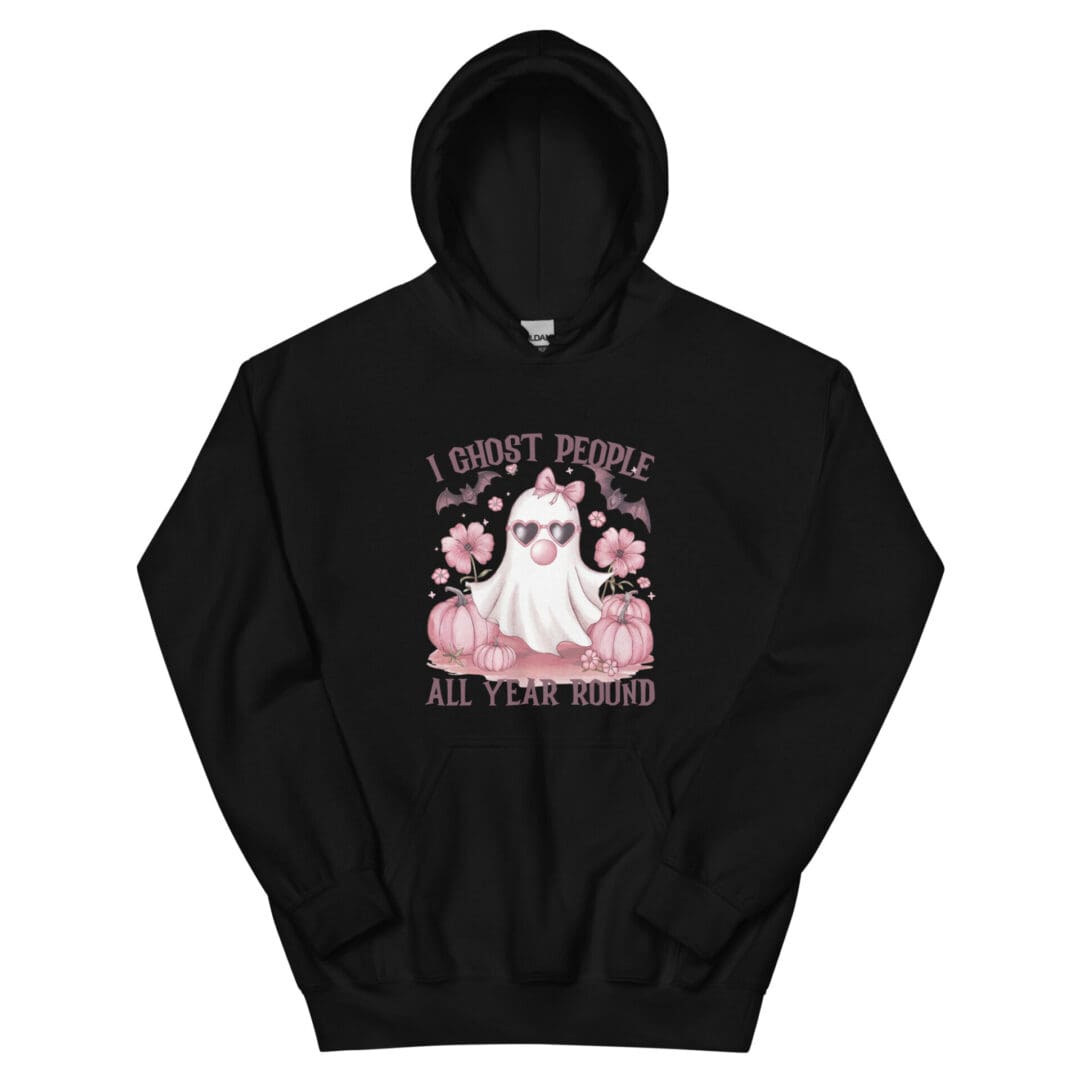 Black hoodie with ghost and pumpkins design.