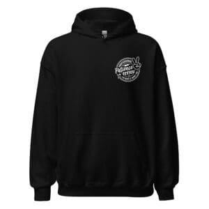 Black hoodie with printed logo design.