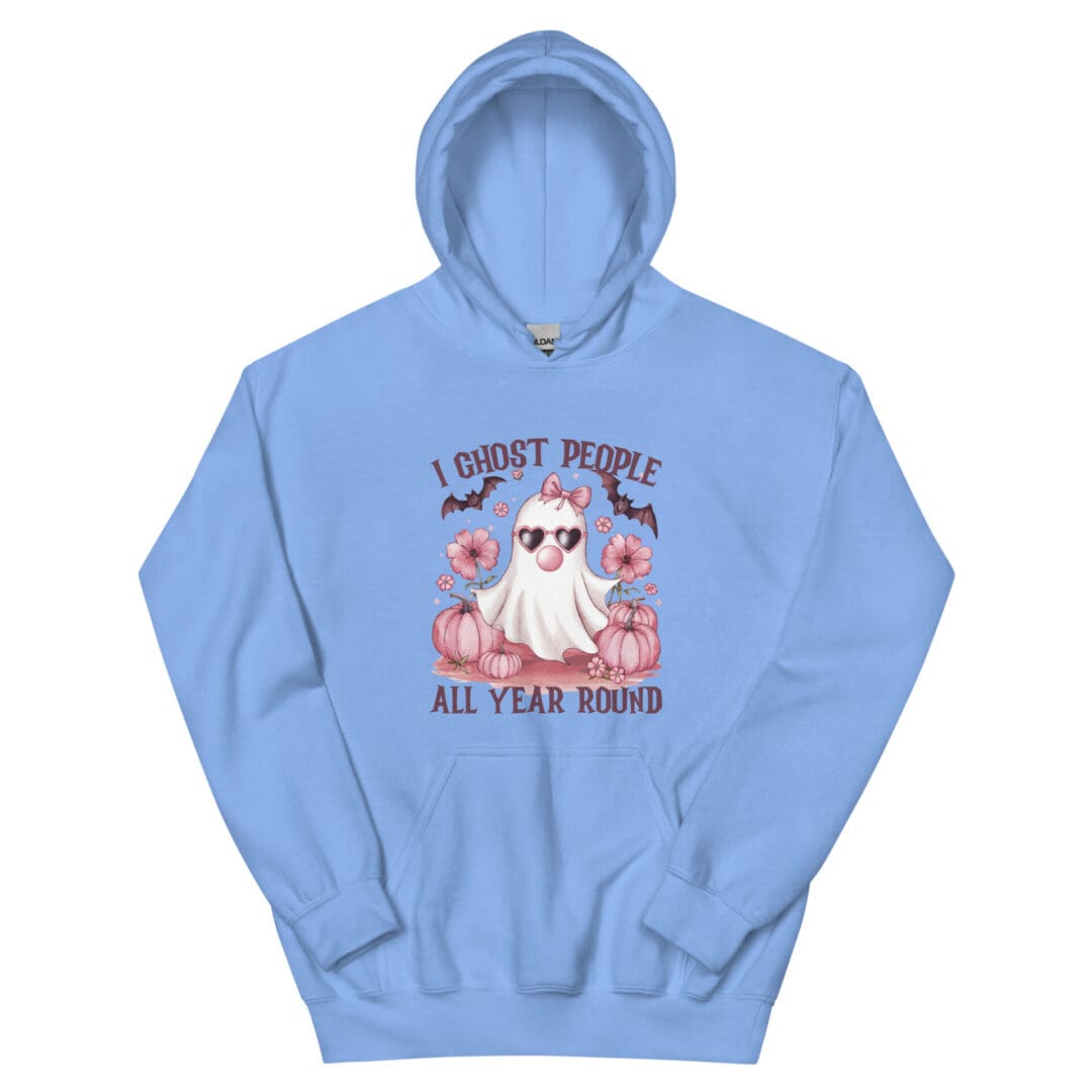 Blue hoodie with ghost and pumpkins design.