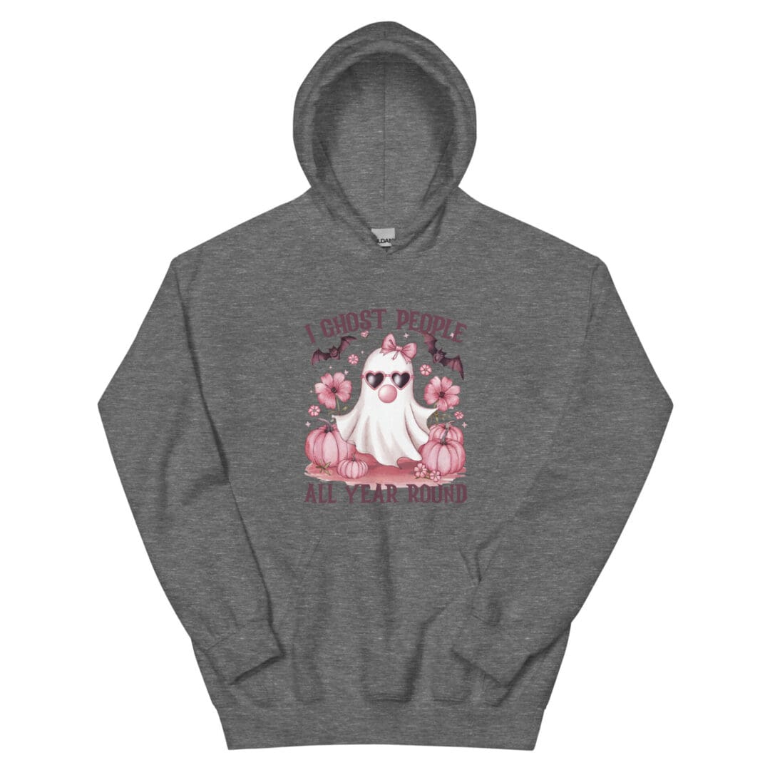 Gray hoodie with ghost and pumpkins design.