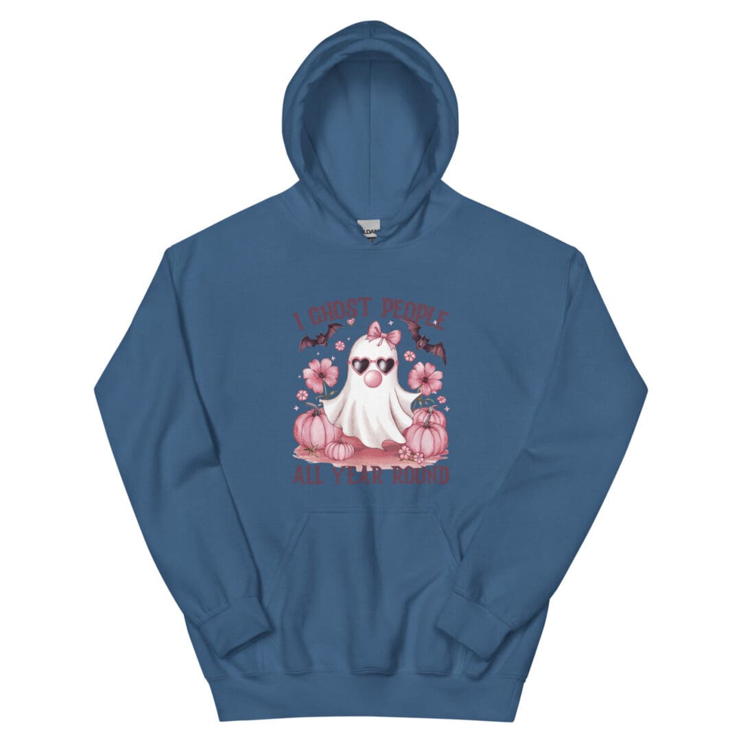 Blue hoodie with ghost and pumpkins design.