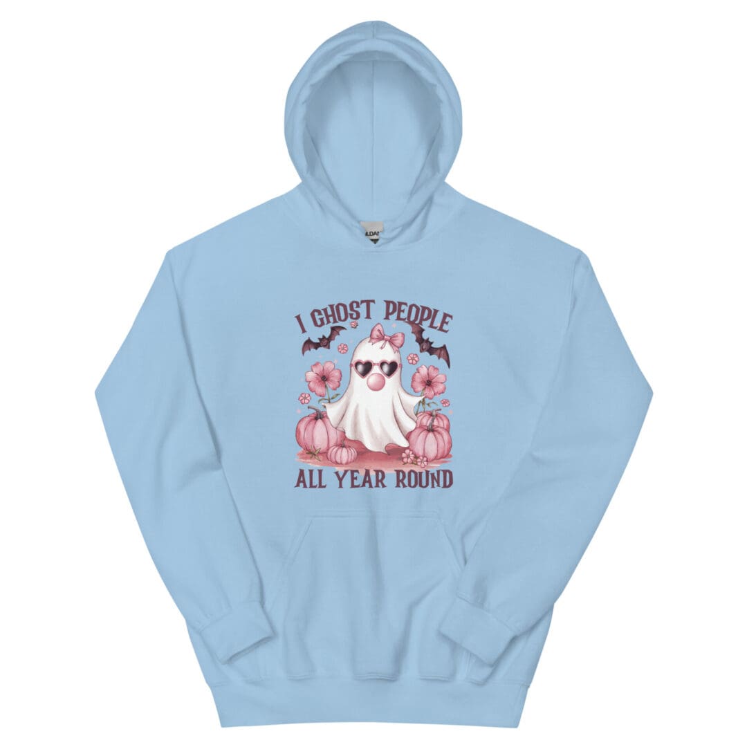 Blue hoodie with Halloween-themed ghost design.