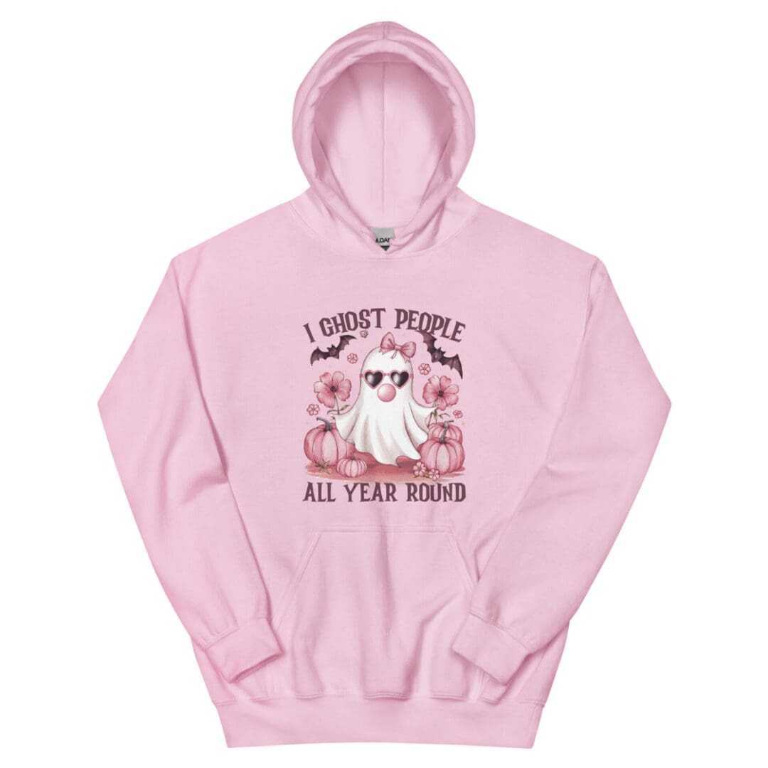 Pink hoodie with ghost and floral design.