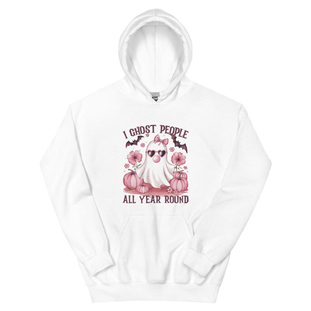 White hoodie with ghost and pumpkins design.
