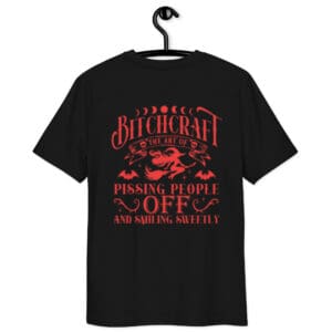 Black tee with red "Bitchcraft" slogan
