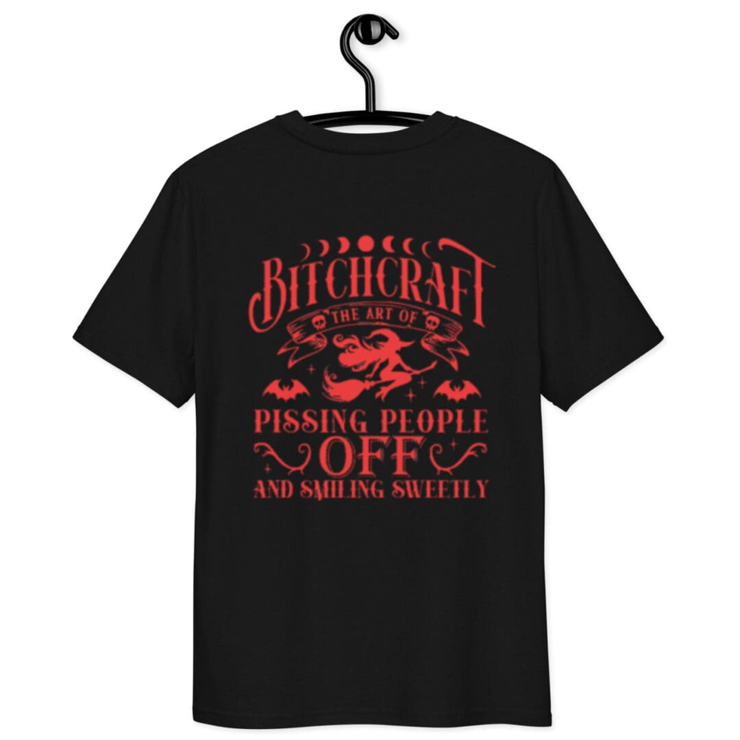 Black tee with red "Bitchcraft" slogan