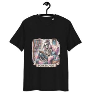 Black t-shirt featuring skeleton reading "Booktrovert