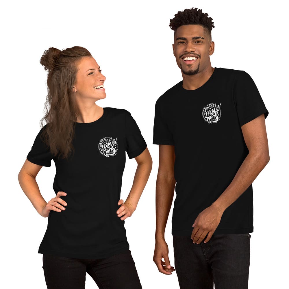 Two people wearing matching black T-shirts.