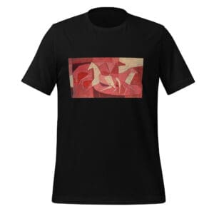 Black t-shirt with abstract red artwork.
