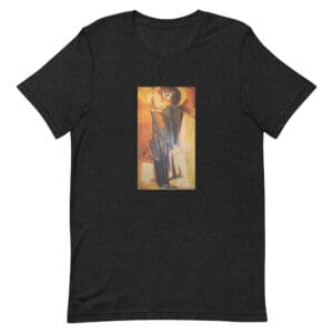 Black T-shirt with abstract art design.