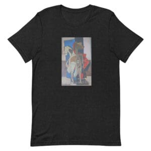 Black t-shirt with abstract art print.