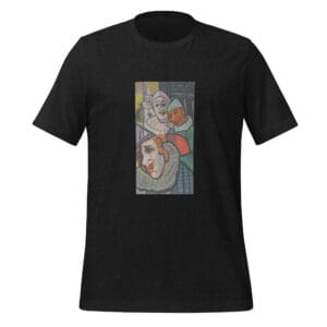 Black T-shirt with abstract face design.