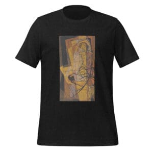 Black t-shirt with abstract art design.